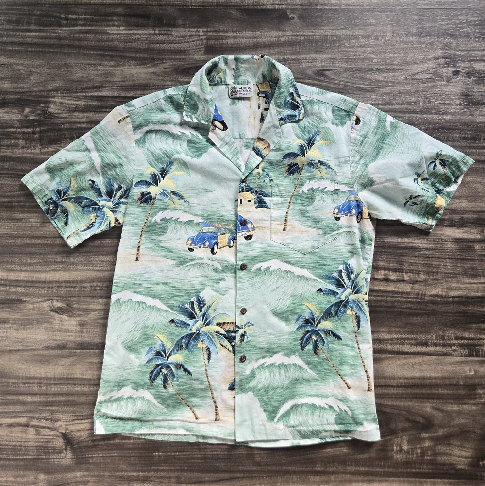 Green and Blue Casual Button Down Shirt with Tropical Print